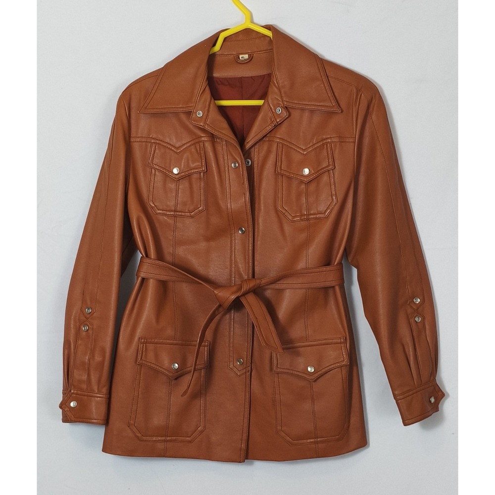 VTG 70s Faux Leather Safari Western‎ Jacket Cognac Brown Snap Front M/L